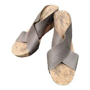 Lucky Brand Womens Beige Crisscross Stretch Cork Wedge Sandals Sz 10M Pl…